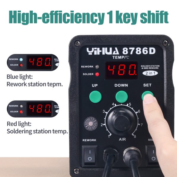 YIHUA 8786D SMD Rework Soldering Station 740W 2 in 1 Digital Display Hot Air Gun & Soldering Iron - Image 5